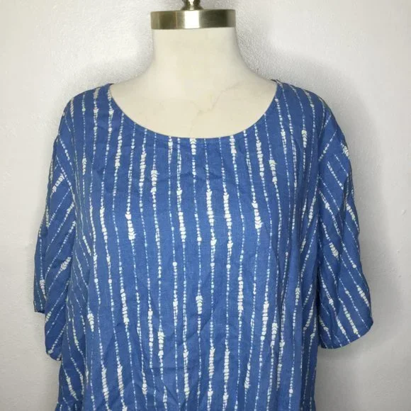 Denim & Co. Naturals Printed Linen Blend Peplum Blouse Plus Size 2X Blue/White - Picture 10 of 11